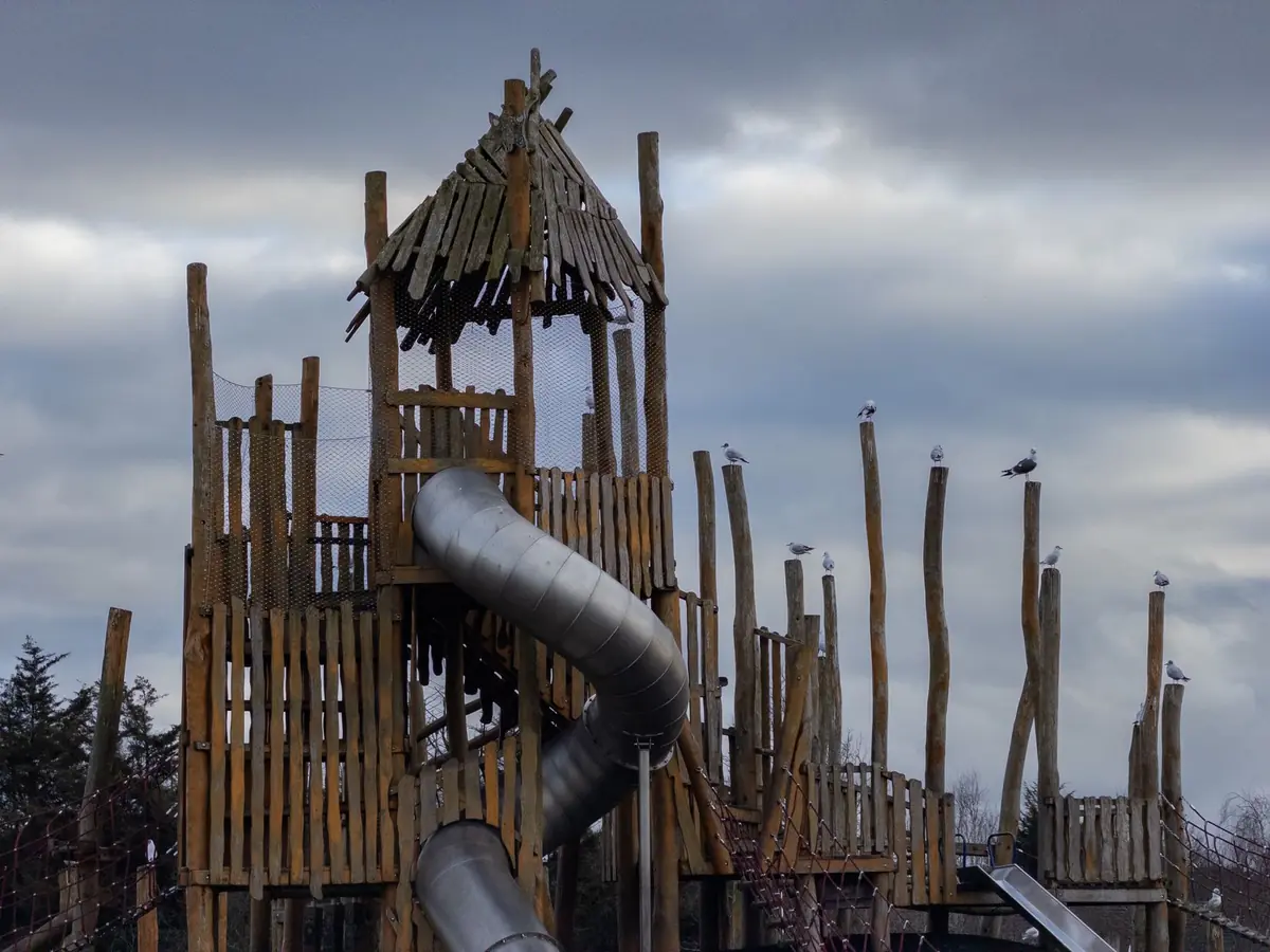 Wooden playground structure with seagulls, captured under an overcast sky, Northala Fields.