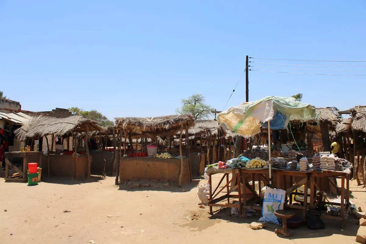 Explore the vibrant traditional market setting in rural Zambia, captured on a sunny day.