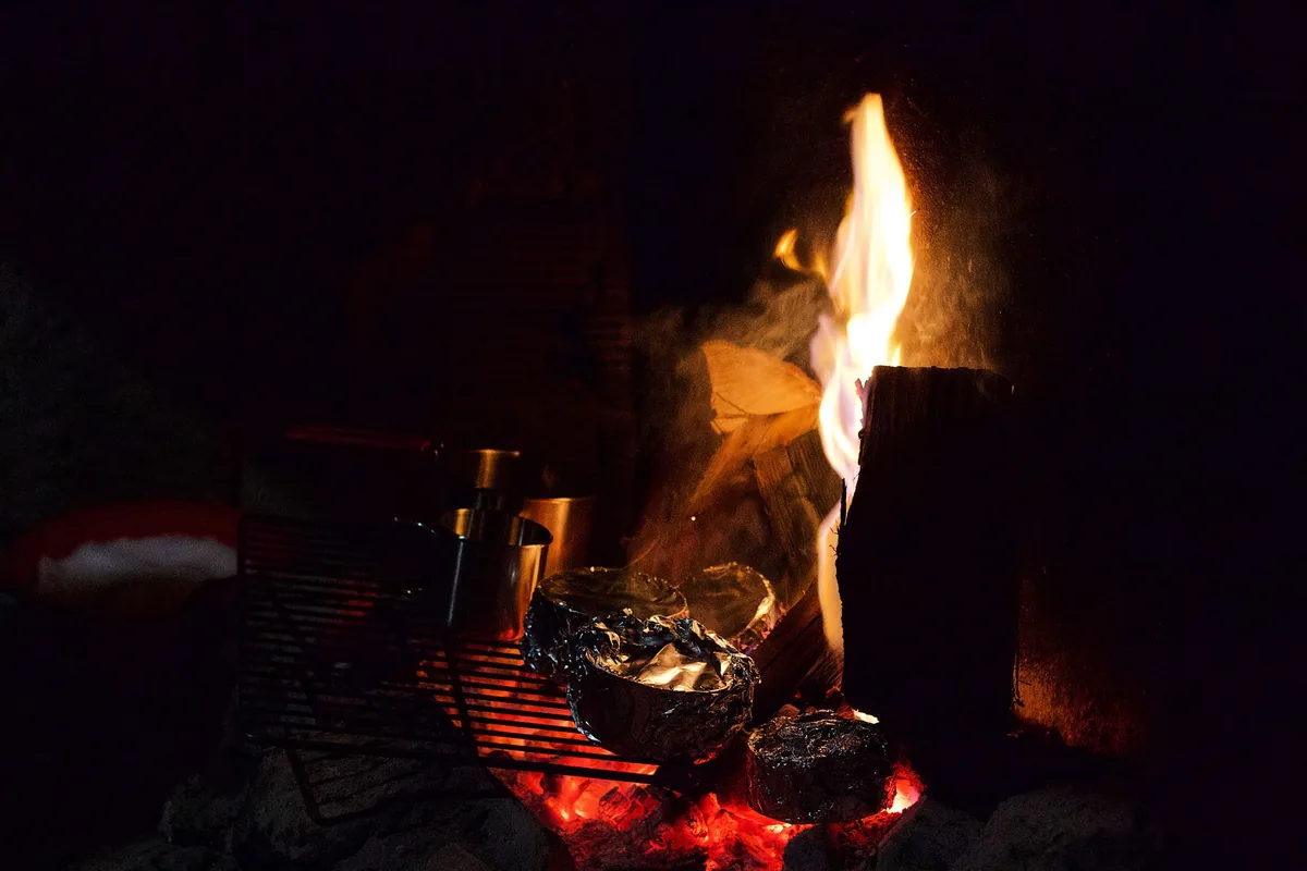 A warm bonfire with flames and foil-wrapped food on a grill. Perfect for camping and outdoor cooking visuals.